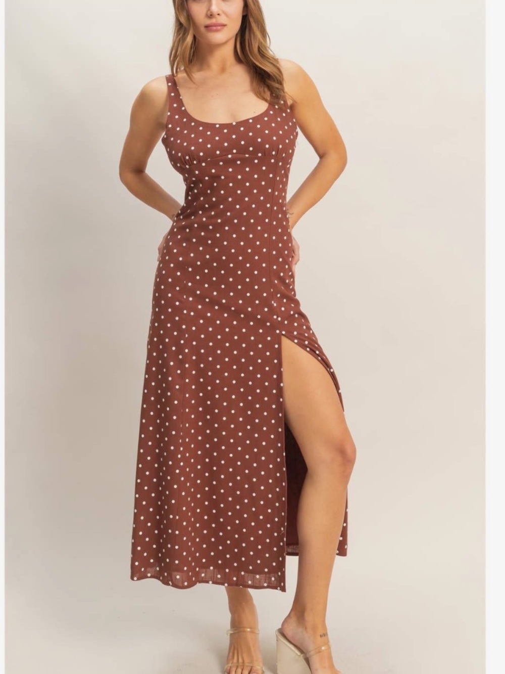 HYFVE Brown Polka Dot Midi Dress with Side Slit S